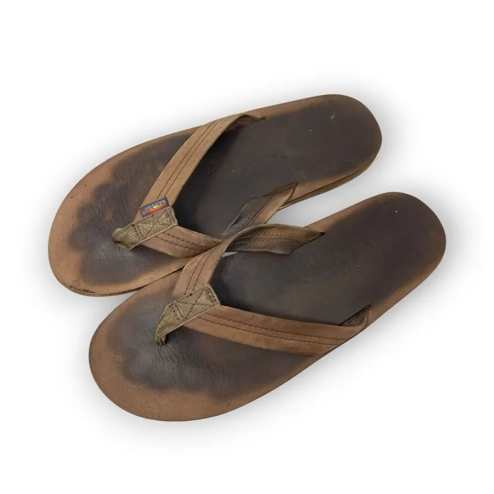 Rainbow Brown Leather Sandals Flip Flops Men’s Size XL 11-12 Preowned